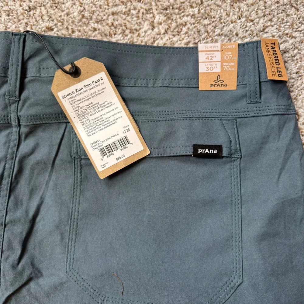 PrAna 42x30 Stretch Zion II Slim Pants Blue Grey Tapered‎ Leg Hiking Outdoor New